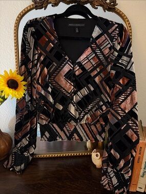 White House Black Market Black, Copper & Silver Velvet Geometric Top
